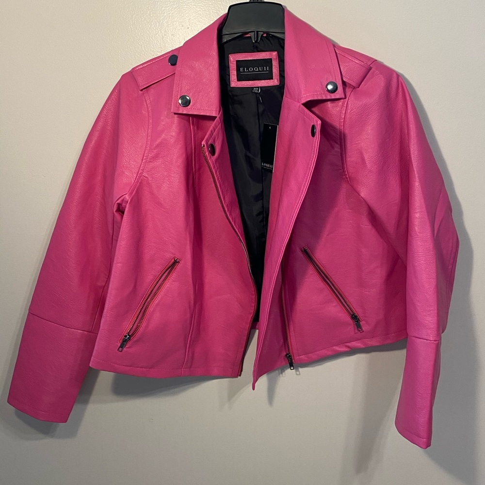 Eloquii hot pink faux leather motto jacket